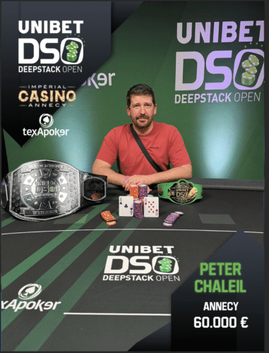 Peter Chaleil, joueur amateur de la région, s'est imposé sur cette nouvelle édition de l'UDSO Annecy pour un joli gain de 60 000 euros. Il inscrit également son nom sur la ceinture des champions. Crédit photo : Texapoker/UDSO