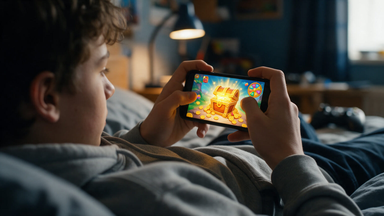 Un adolescent allongé sur son lit ouvre un coffre à récompenses dans un jeu mobile