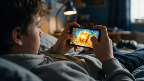 Un adolescent allongé sur son lit ouvre un coffre à récompenses dans un jeu mobile