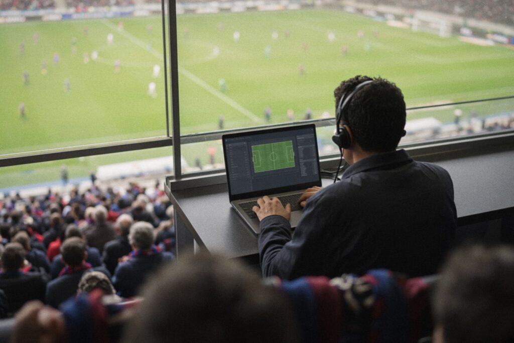 Collecteur de données accrédité, vu de dos en tribune de presse, casque sur les oreilles, devant son ordinateur