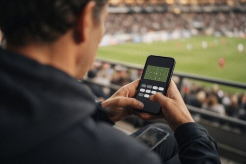 Les data scouts saisissent les matchs depuis les tribunes : un spectateur de dos code le match sur son smartphone