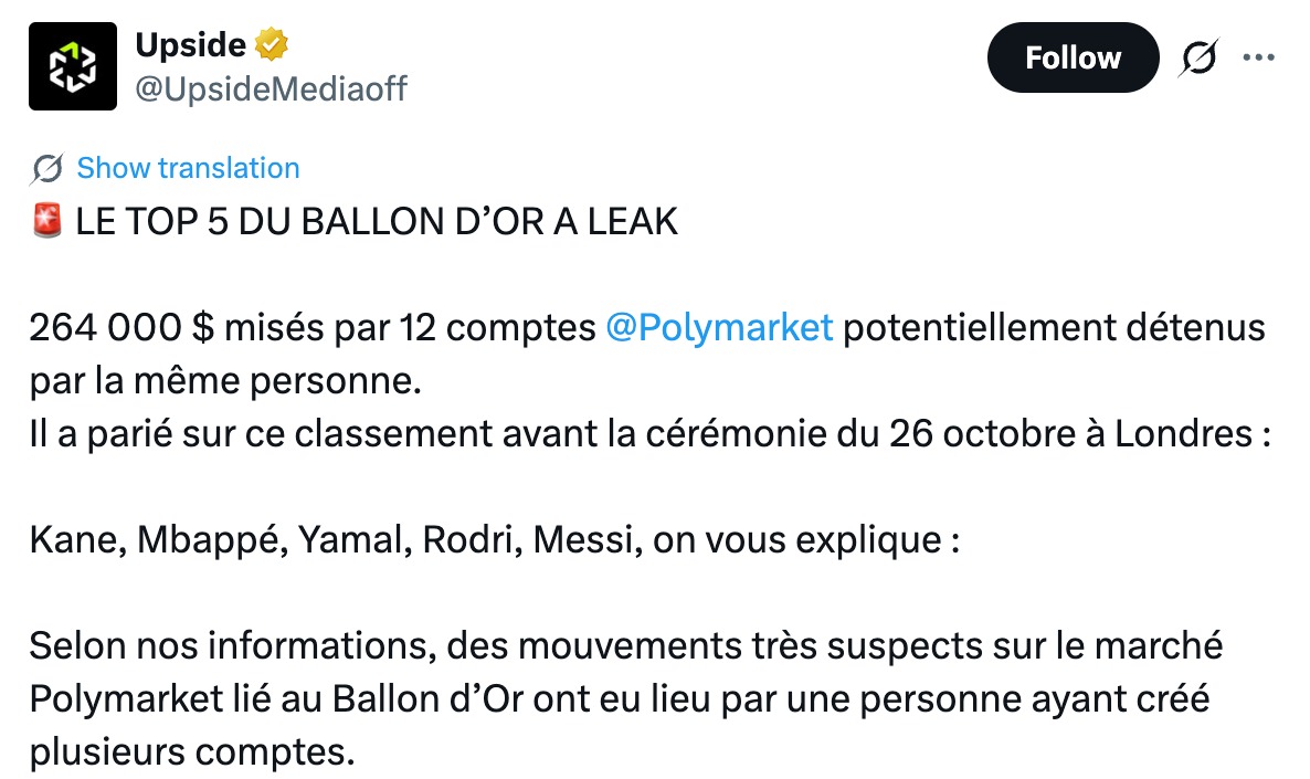 Tweet du média Upside révélant les paris Polymarket sur le top 5 du Ballon d'Or 2026