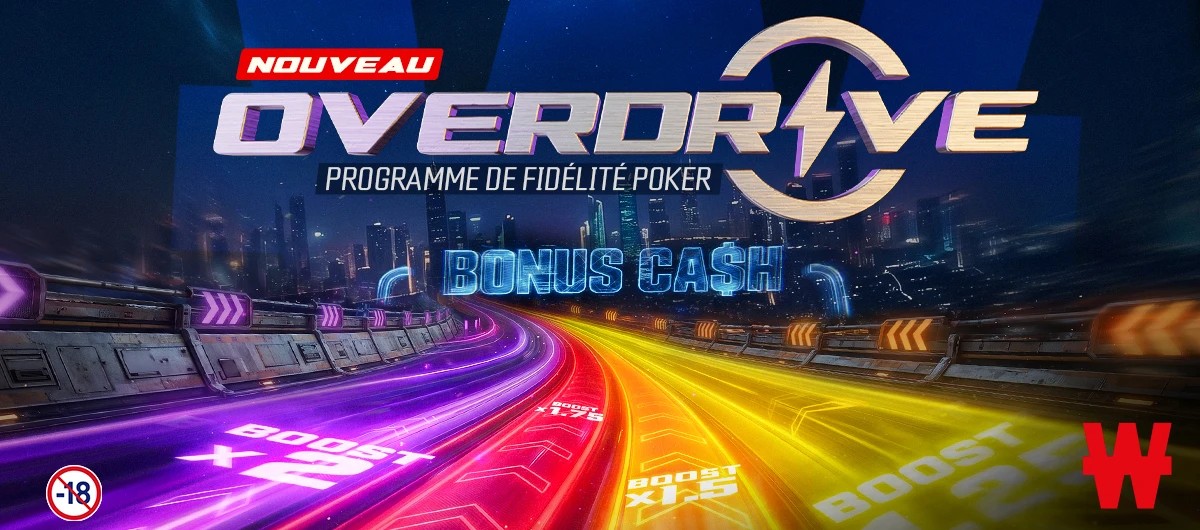 Winamax Overdrive : visuel officiel du programme de fidélité poker, bonus cash et Boosts de x1,25 à x2